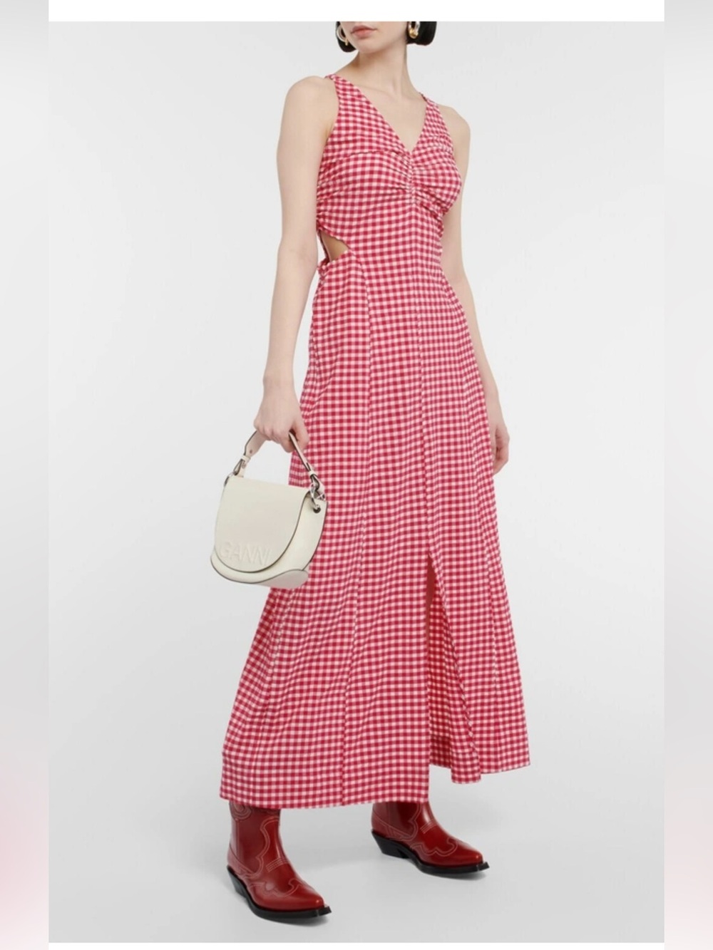 Ganni Pink Gingham Maxi Dress with cutouts